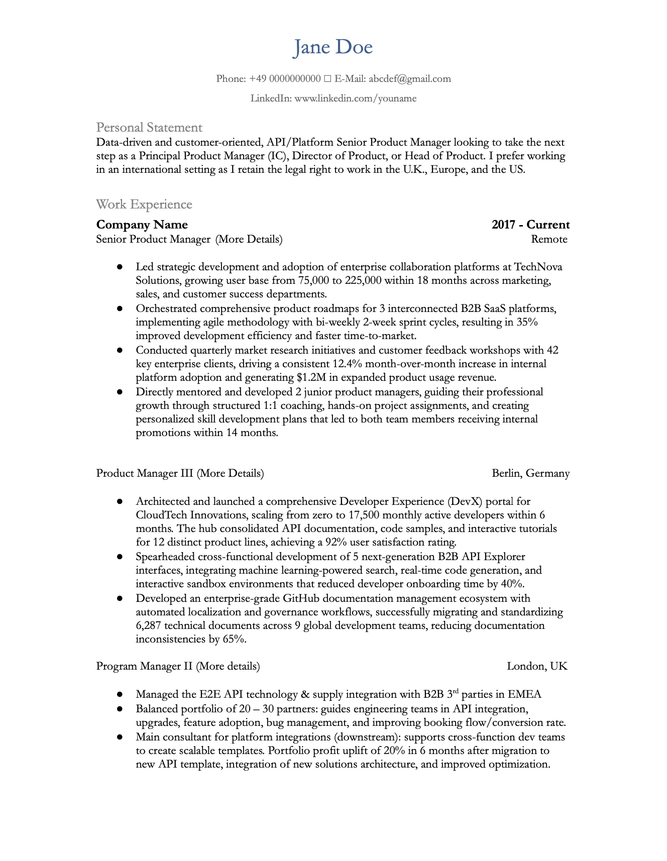 Jane Doe UK CV Example